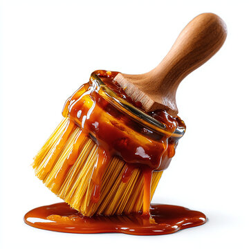 BBQ basting mop brush with long wooden handle and soaked cotton threads, sticky with sauce and drip forming, isolated transparent background