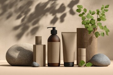 Beige skincare products arranged on a light beige surface, with shadows and plants
