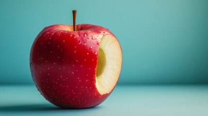 59.A single apple with a large bite taken out, soft, uneven edges on the exposed fruit, highlighting its freshness and natural appeal