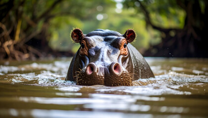 Fototapeta premium Close Up Portrait Of A Hippo Partially Submerged In Brown Water With Green Foliage Background And Natural Lighting