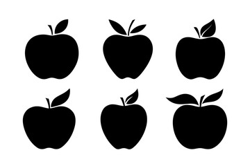 Apple silhouette, a set of different icons of black fruits with a leaf, isolated on white, vector illustration. Graphic blank background element for decoration, design, label, logo, banner