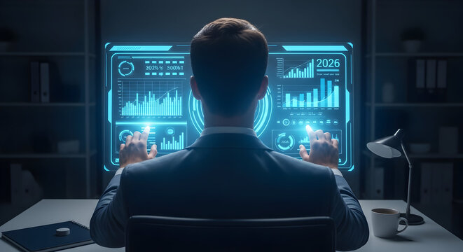 Silhouette of a person looking at glowing data visualizations on a monitor, showcasing digital information and analytics in a modern, futuristic setting.