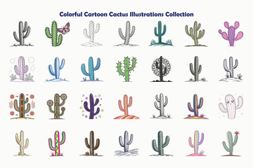 Diverse cactus illustrations showcase varying colors, styles, and artistic designs against a white background