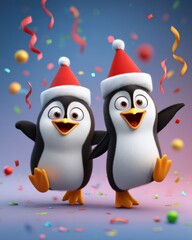 Fototapeta premium Cute Cartoon Penguins Celebrating Christmas and New Year Party.