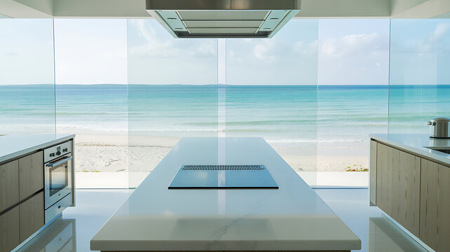 A sleek kitchen showcases a stunning ocean view through large glass windows. The open space features a central island and modern appliances, creating a bright atmosphere.