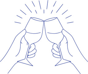 Hand drawn sketch of clinking champagne glasses with sparkling bubbles and stars. Elegant doodle illustration for party, toast, wedding, or celebration design. Fun festive outline style.