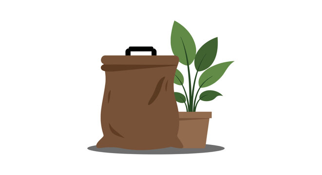 compost growth symbolized by a full brown bag and a vibrant green potted plant representing sustainability and eco-friendly gardening practices for organic waste reduction and urban agriculture,