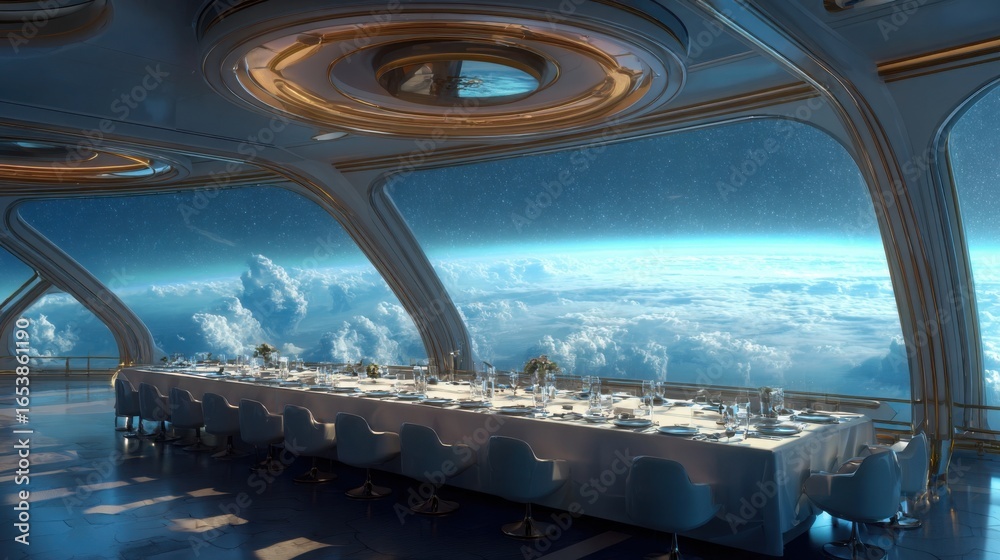 Wall mural a large dining table is set up in a restaurant with a view of the sky. the table is surrounded by ch