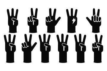 Various black hand silhouettes convey numbers and symbolic gestures on a transparent background