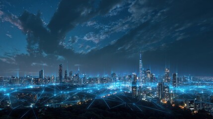 A cityscape with a network of lights and a tall building in the background. The city is lit up at night, creating a sense of energy and excitement