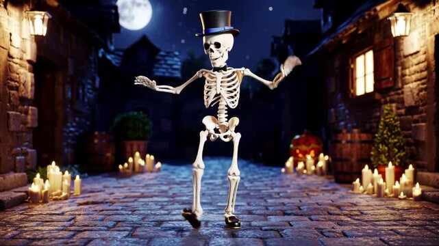 A dancing skeleton wearing a top hat performs on a spooky cobblestone street at night with candles and a full moon.