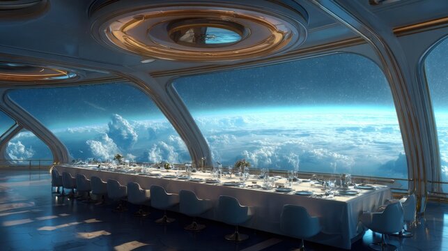 A large dining table is set up in a restaurant with a view of the sky. The table is surrounded by chairs and has a variety of plates, cups, and utensils. The atmosphere is elegant and sophisticated