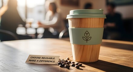 A close-up of a reusable coffee cup on a wooden table in a cafe, with a blurred background of people, promoting sustainable lifestyle choices and reducing single-use waste.