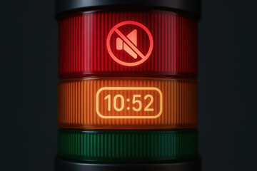 Silent warning light with digital clock display during power outage emergency alert on black background