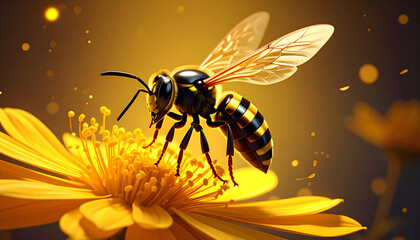 Naklejka premium Detailed Close Up Of A Bee Collecting Pollen From A Yellow Flower Against A Softly Blurred Golden Background
