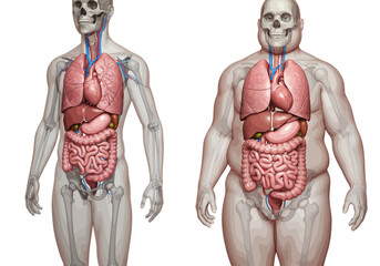 Comparative anatomical illustration showing a healthy human body versus an obese body with visible internal organs.