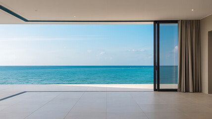 Fototapeta premium Bright and airy coastal living space features expansive glass doors opening to a breathtaking ocean view, enhancing the tranquil atmosphere of the room during the day.