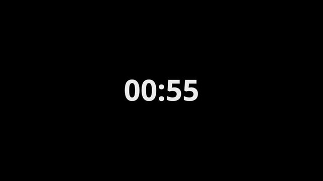  1 minute timer countdown animation, countdown timer one minute animation from 60 seconds to 0 seconds countdown. White Color One minute countdown timer animation on black background.