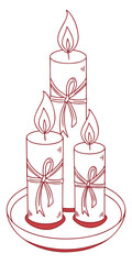 Vector art of three lit candles with ribbons on a white background creating a warm and romantic atmosphere