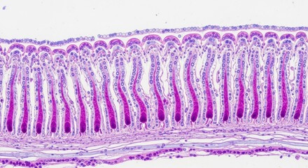 Microscopic examination revealing the architecture of intestinal villi with cellular detail and