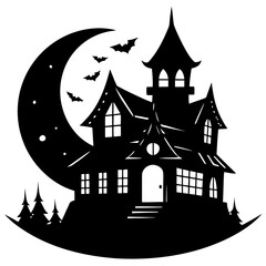  Moon behind haunted house silhouette vector illustration