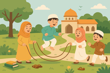 Naklejka premium Flat illustration of a Muslim family spending time outdoors near a mosque. 