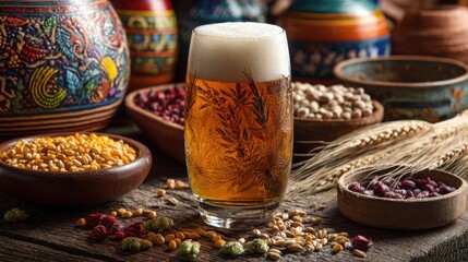Fototapeta premium A glass of beer is on a table with a variety of food and bowls. The table is decorated with colorful bowls and vases, and the food includes beans, rice, and other grains. Scene is casual and inviting