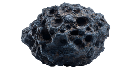 Dark carbonaceous asteroid with rugged surface, isolated on white background