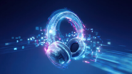 3D floating headset with glowing data streams and chat icons symbolizing vibrant efficient digital customer service