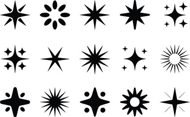 Collection of fifteen different black starbursts on white background