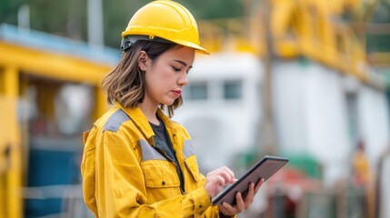 A woman wearing a yellow jacket and a hard hat is looking at a tablet. She is likely a worker in a construction or industrial setting