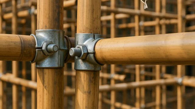 Bamboo scaffolding with metal clamps highlights sustainable engineering work for construction projects ensuring eco friendly durable support structure