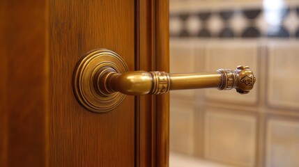 Obraz premium Ornate brass door handle on a light brown wooden door in a bathroom with patterned tile
