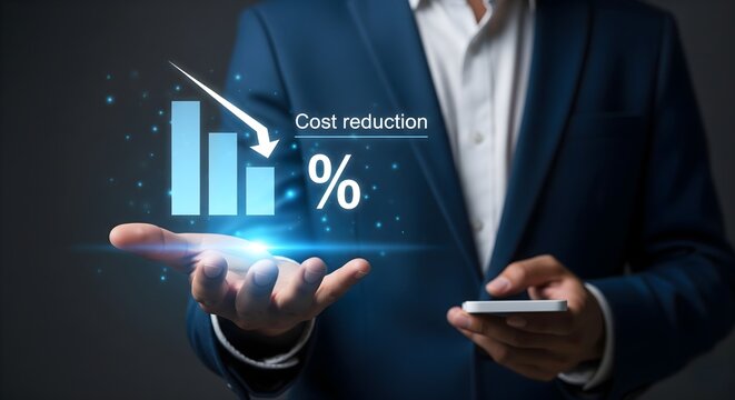 An arrow points down along the curve, clearly representing the concept of cost reduction and a decrease in expenses over time.