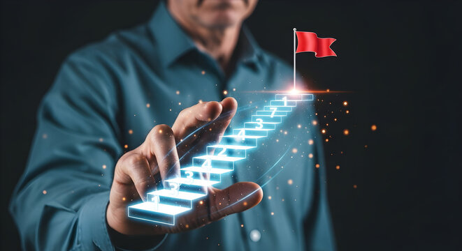 Person using digital device, visualizing upward career growth with a flag symbolizing success and achievement, representing ambition, progress, and reaching goals in business and professional life.