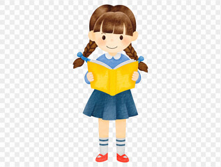 Watercolor schoolgirl reading book. vector