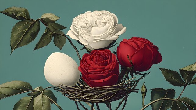Fototapeta mawar merah, bunga telur, Roses, Egg, Nest: Spring Still Life