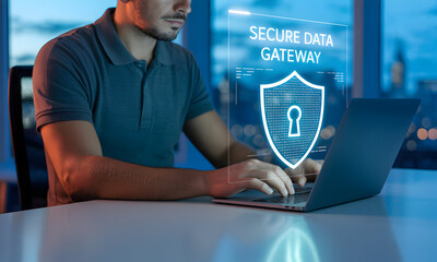 Focused Person Using Laptop with Security Shield Overlay