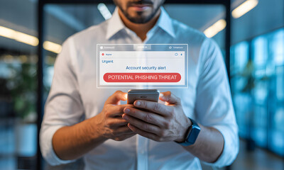 Person using smartphone with email form overlay in modern office setting.