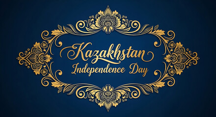 Elegant golden ornamental frame with kazakhstan independence day text on dark blue background