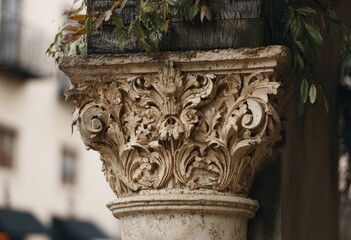 Ornate stone column capital with intricate carvings.