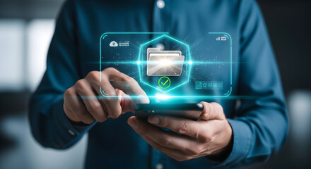Person using a mobile device, showcasing a digital interface representing data security and information protection, emphasizing connectivity and technology.