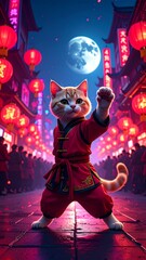 Cute cat in kung fu pose in a vibrant Asian night market