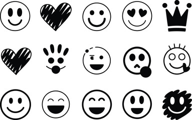 Obraz premium Various black and white emoji style icons arranged in a grid form