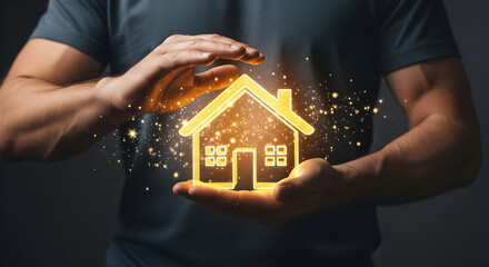 Person holding a glowing illustration of a house symbolizing homeownership, security, real estate, and the concept of a safe haven.