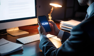 Person holding a mobile phone, viewing the word scam on a screen, at a desk with a computer and lamp, in a dim environment.