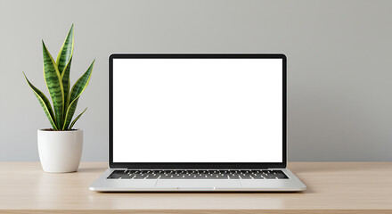 Fototapeta premium Front view laptop with blank white screen on work desk for workspace mockup