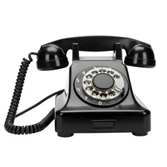 Classic Rotary Phone: A close-up shot of a vintage black telephone. The rotary dial sits at the center. The coiled cord adds a touch of nostalgia.