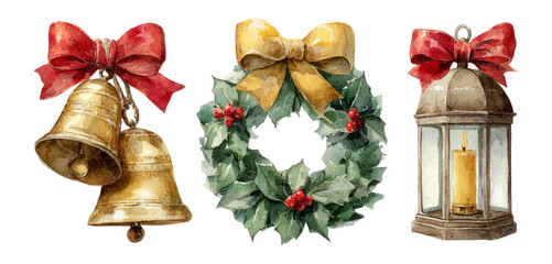 Watercolor Christmas Elements with Bow and Holly on Transparent Background