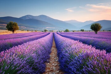 Obraz premium Lavender field at dawn, mountains in the background